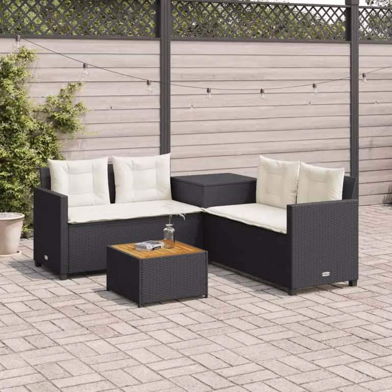 Set da giardino vidaXL a forma di L con divano angolare, tavolo da caffè e cuscini, struttura in metallo e rattan nero