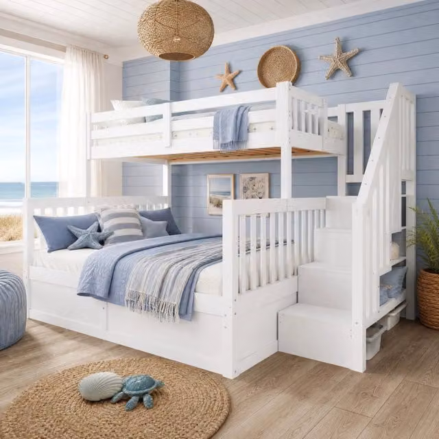 Letto a castello 90x200 cm + 140x200 cm con contenitore idraulico e scala portaoggetti in pino bianco