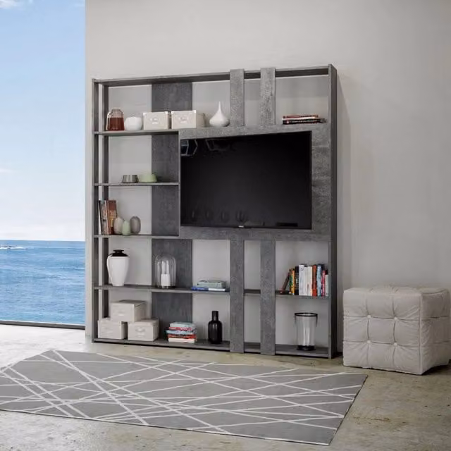 Composizione Libreria Kato 6R 2 fianchi 2 fasce lunghe 2 fasce corte 2 fasce medie pannello TV - Cemento,L