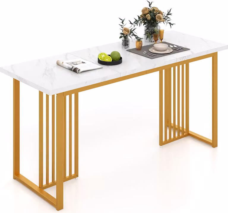 Tavolo da pranzo COSTWAY in legno 160x60cm, tavolo da cucina rettangolare con aspetto marmoreo e gambe in metallo, tavolo da pranzo per 6-8 persone, grande tavolo bianco dorato