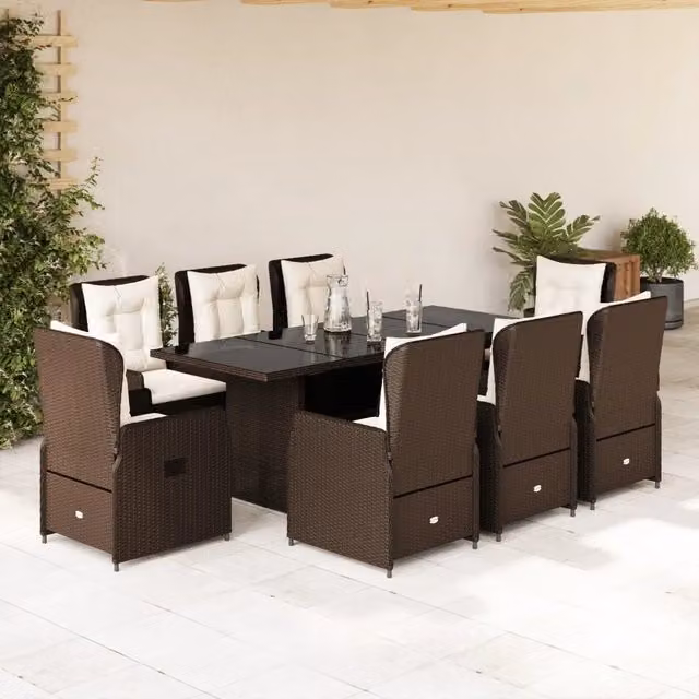 Set da pranzo da giardino vidaXL in polyrattan marrone e bianco con tavolo in vetro, 9 pezzi