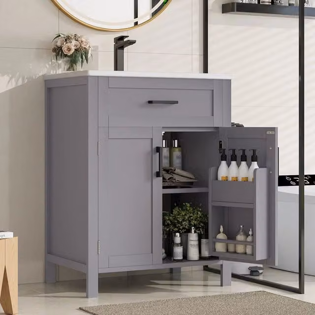 Mobile bagno con lavabo - Xylo - 60x46x84,8 cm - Grigio - Doppie ante, lavabo ceramica, ripiani regolabili