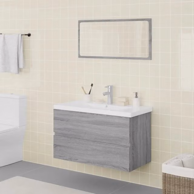 Set di mobili da bagno moderno vidaXL con mobile sottolavabo e armadietto specchio in legno e plastica, colori grigio e bianco, L/P/H: 80 x 39,5 x 45 cm
