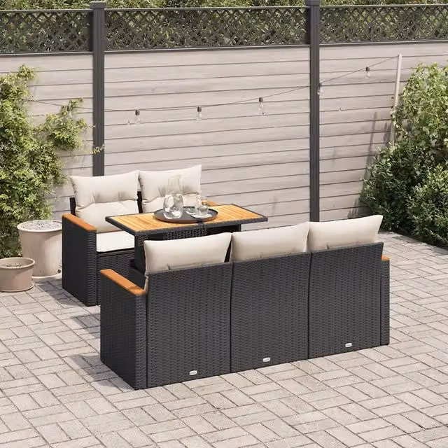 Set Divano da Giardino 6 pz con Cuscini Nero Polyrattan Acacia 3327437