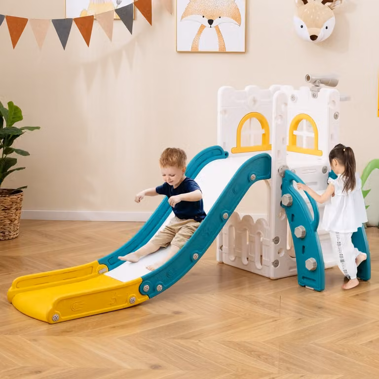Costway Scivolo per interni 6 in 1 a forma di L con canestro da basket e spazio di archiviazione, Verde e bianco