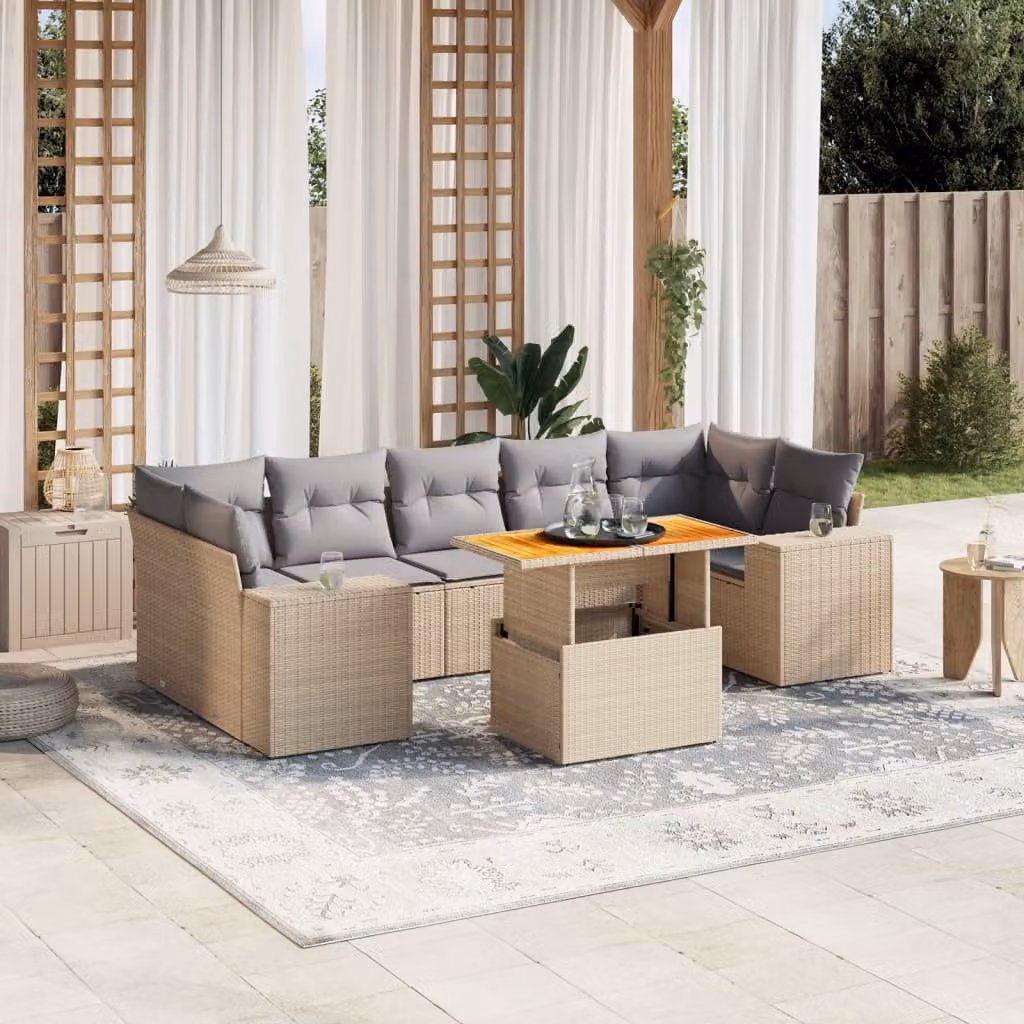 vidaXL Set Divano da Giardino 8 pz a L in Polyrattan con Cuscini Beige e Grigio e Tavolino da Esterno – 1
