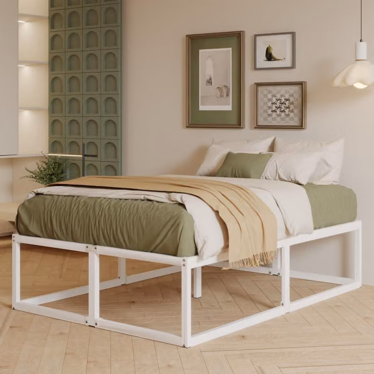 Letto in metallo, dimensioni 160x190 cm, altezza 46 cm, capacità di carico fino a 400 kg, colore bianco