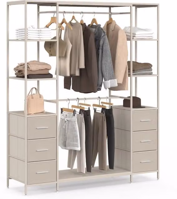 IDMarket Armadio doppio UTAH con colonna doppia beige, dotato di 6 ripiani e 6 cestini in tessuto, L: 140 cm