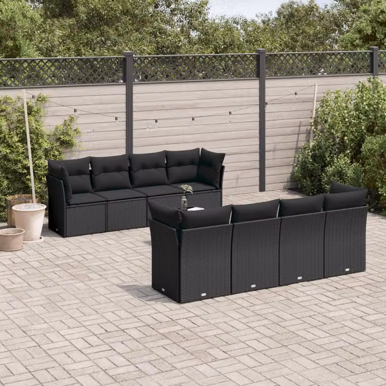 vidaXL Set Divani da Giardino a L 9 pz con Tavolino e Cuscini Neri in Polyrattan e Acciaio