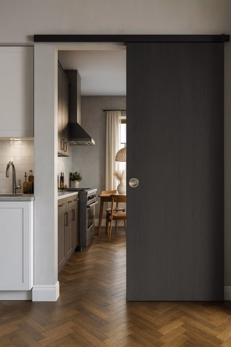 Porta scorrevole in Rovere Grigio H204 x L93 cm, binario in alluminio con banda nera, conchiglie Gd Menuiseries