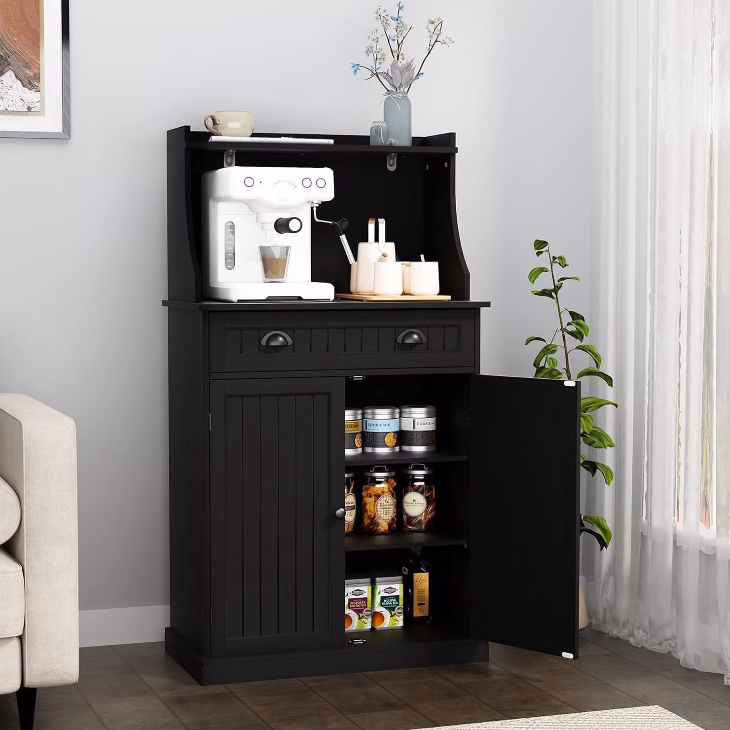 Mobiletto da cucina, pensile per microonde, colore nero, con ripiano regolabile, dimensioni 40x76x137 cm