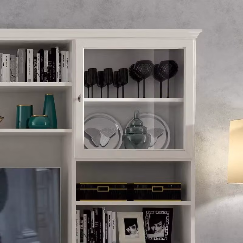 Parete attrezzata classica Mobili 2G in legno bianco e noce con vetro L: 300 cm, P: 46 cm, H: 240 cm – 4