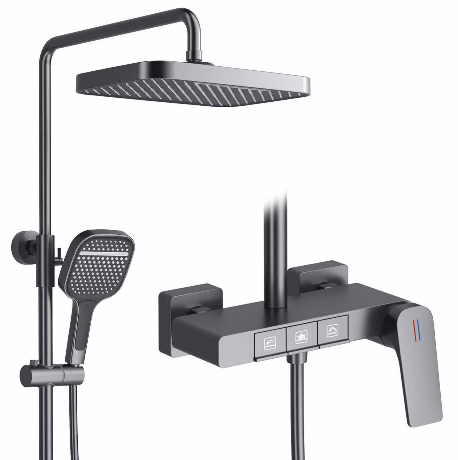 Sistema doccia moderno con tasti a pianoforte, dimensioni 30x20 cm. Doccetta a pioggia, miscelatore per vasca da bagno, modello 59A, in ottone, con altezza regolabile