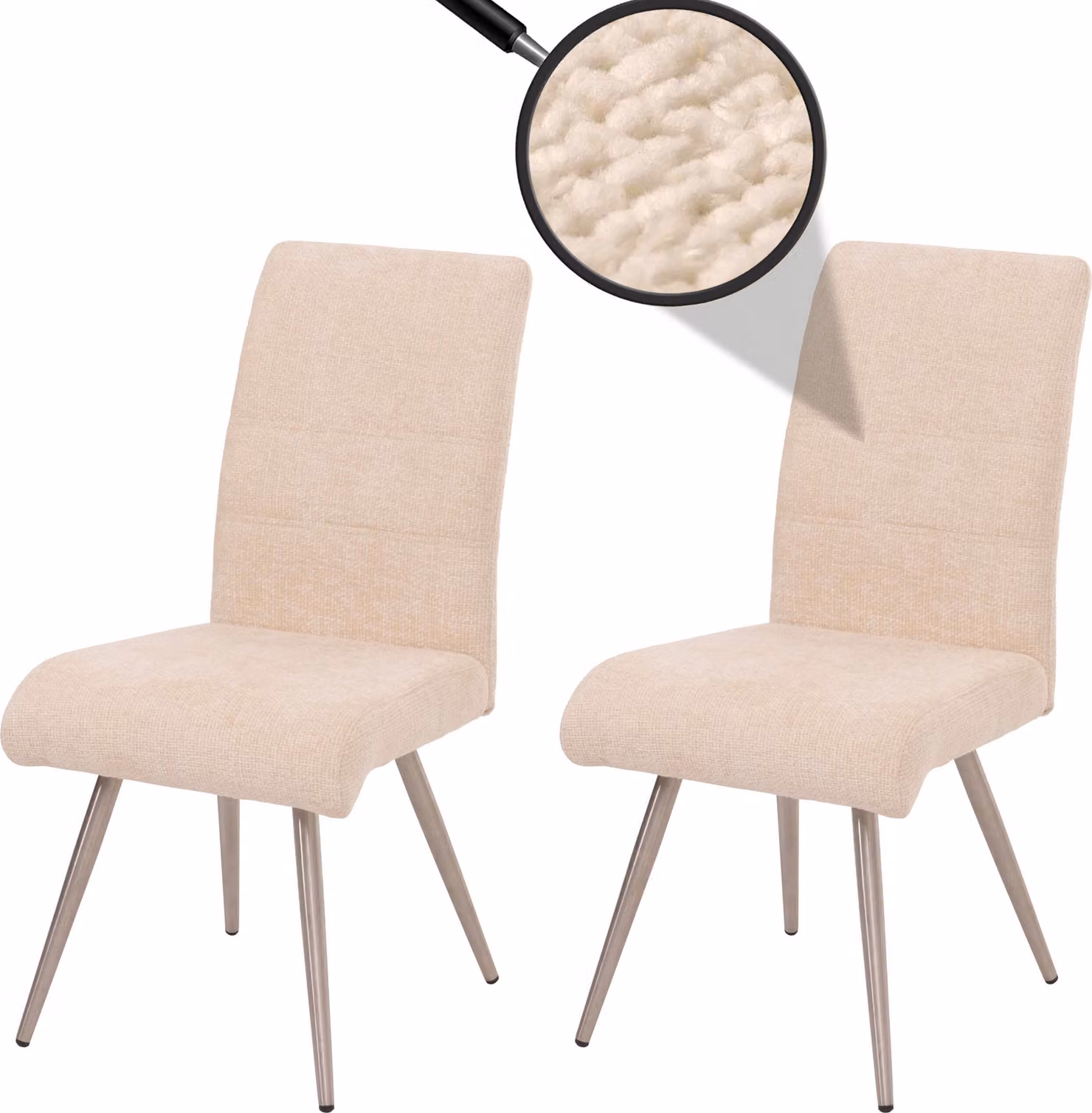 Set di 2 sedie da pranzo modello HWC-G55, sedia da cucina con schienale, acciaio inossidabile spazzolato, rivestimento in tessuto tipo chenille, colore crema
