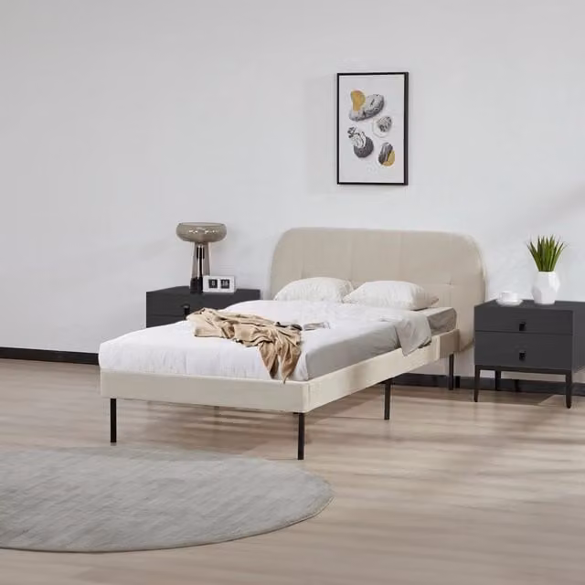 Letto Singolo Porvoo en.casa con Testiera Imbottita in Velluto Beige e Struttura in Legno di Pino L/P/H: 90 x 200 cm