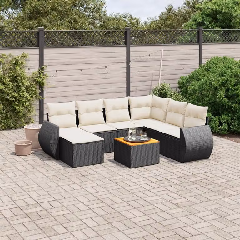 vidaXL Set Divani da Giardino a L con Cuscini 8 pz in Polyrattan Nero e Bianco