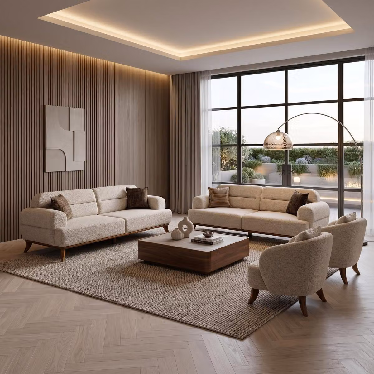 Divano componibile: 2 divani a 3 posti, 2 poltrone. Stile moderno scandinavo, colore beige, tessuto boucle, particolarmente confortevole. Set completo