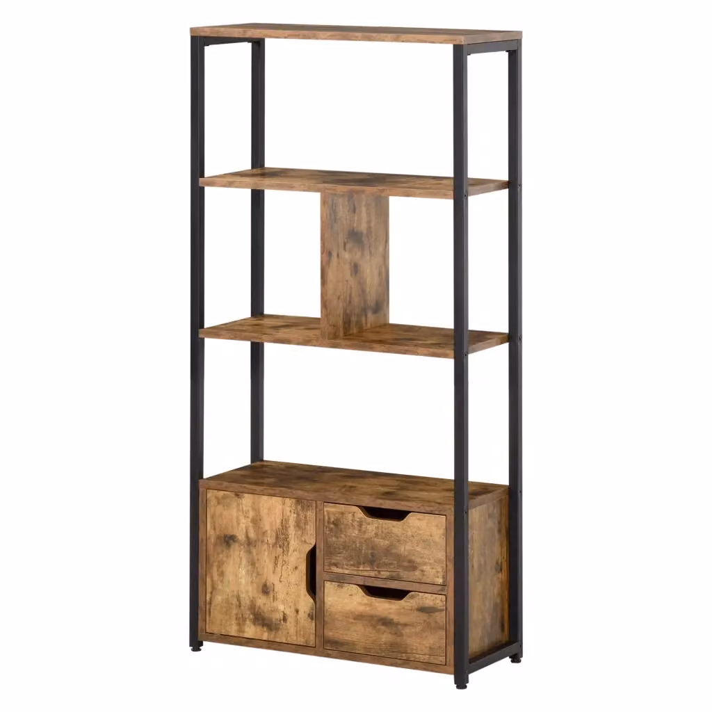 Libreria industriale XYLO con armadio e 2 cassetti in legno marrone rustico L: 58 cm, P: 24 cm, H: 122 cm – 2