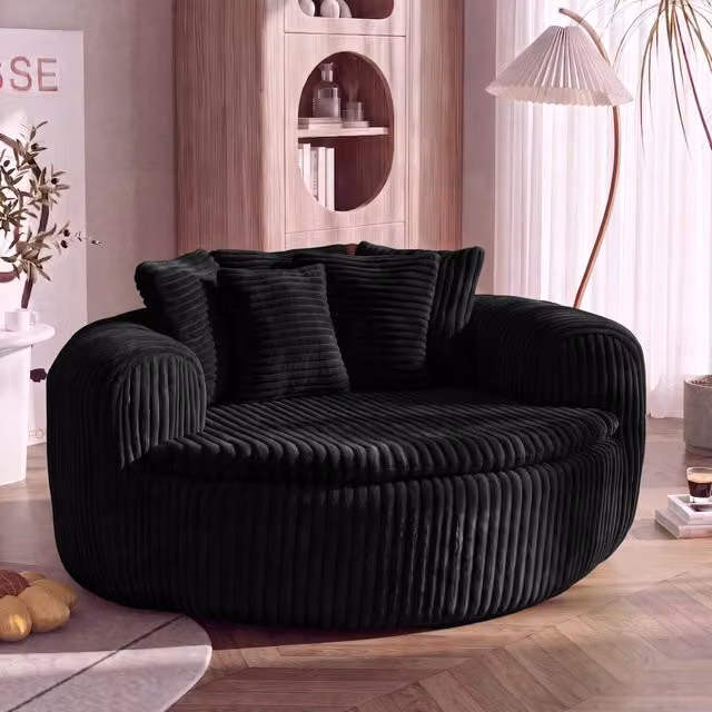 Poltrona a sacco in velluto a coste nera; design ergonomico con 5 cuscini; 145x133x59 cm