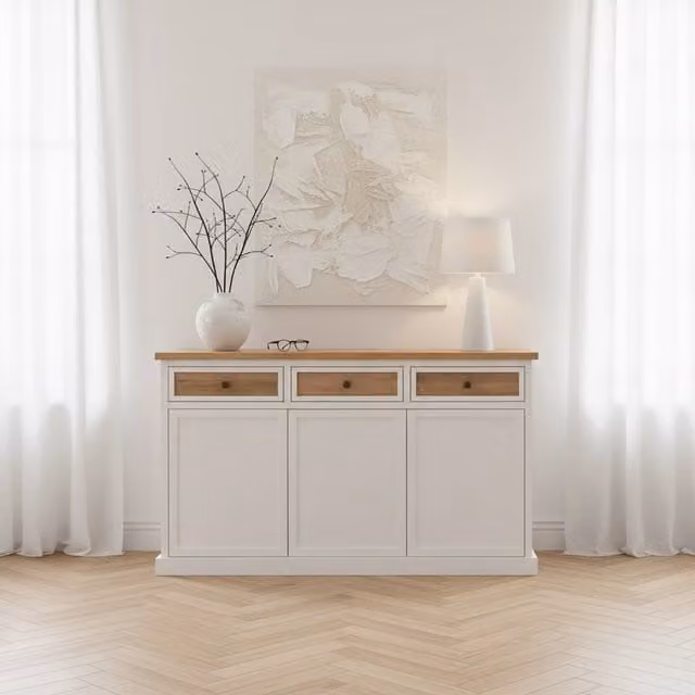 Apparecchio Banak in legno di acacia per sala da pranzo e ingresso, disponibile nei colori bianco, marrone e beige