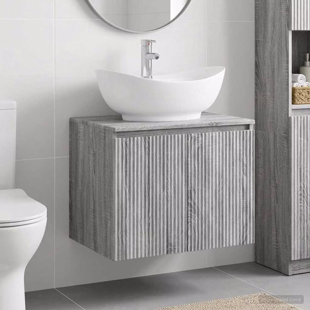 Set di mobili per il bagno moderno vidaXL in legno ingegnerizzato grigio opaco con vanità a parete