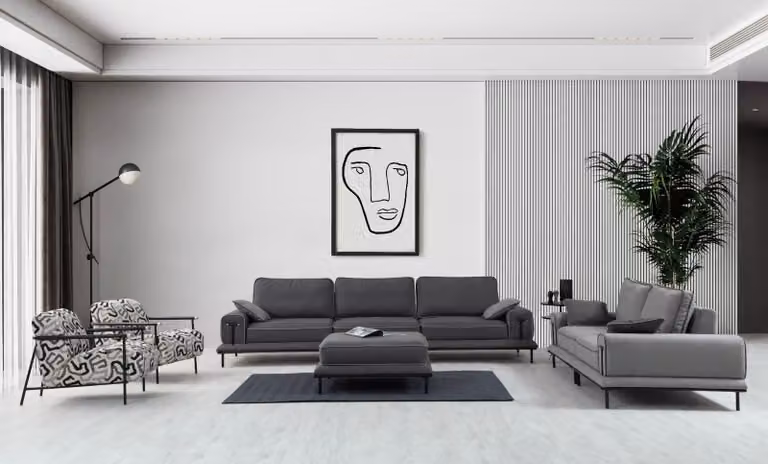 Stilvolle Graue Sofagarnitur Designer Wohnzimmer Viersitzer Luxus Hocker