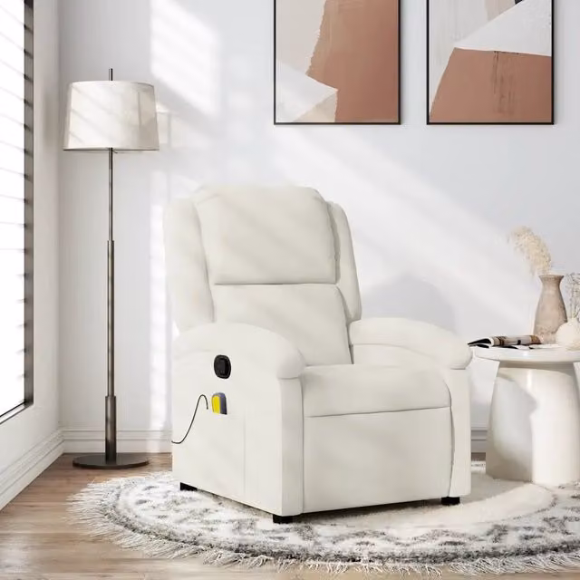 Poltrona Reclinabile Relax con Massaggio in Velluto Beige e Bianco con Braccioli e Struttura in Legno e Metallo