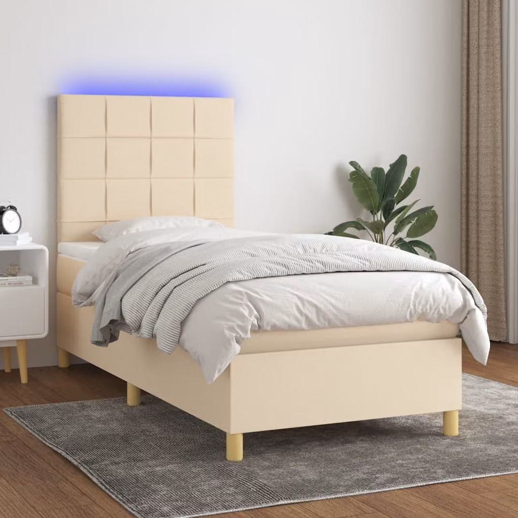 vidaXL Letto a molle con materasso e LED in tessuto crema 100x200 cm - Letto a molle - Boxspringbetten - Bett - Schlafzimmermöbel