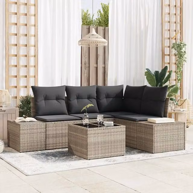 Set Divano da Giardino a L con Tavolino vidaXL Grigio con Cuscini e Struttura in Polyrattan e Legno di Acacia