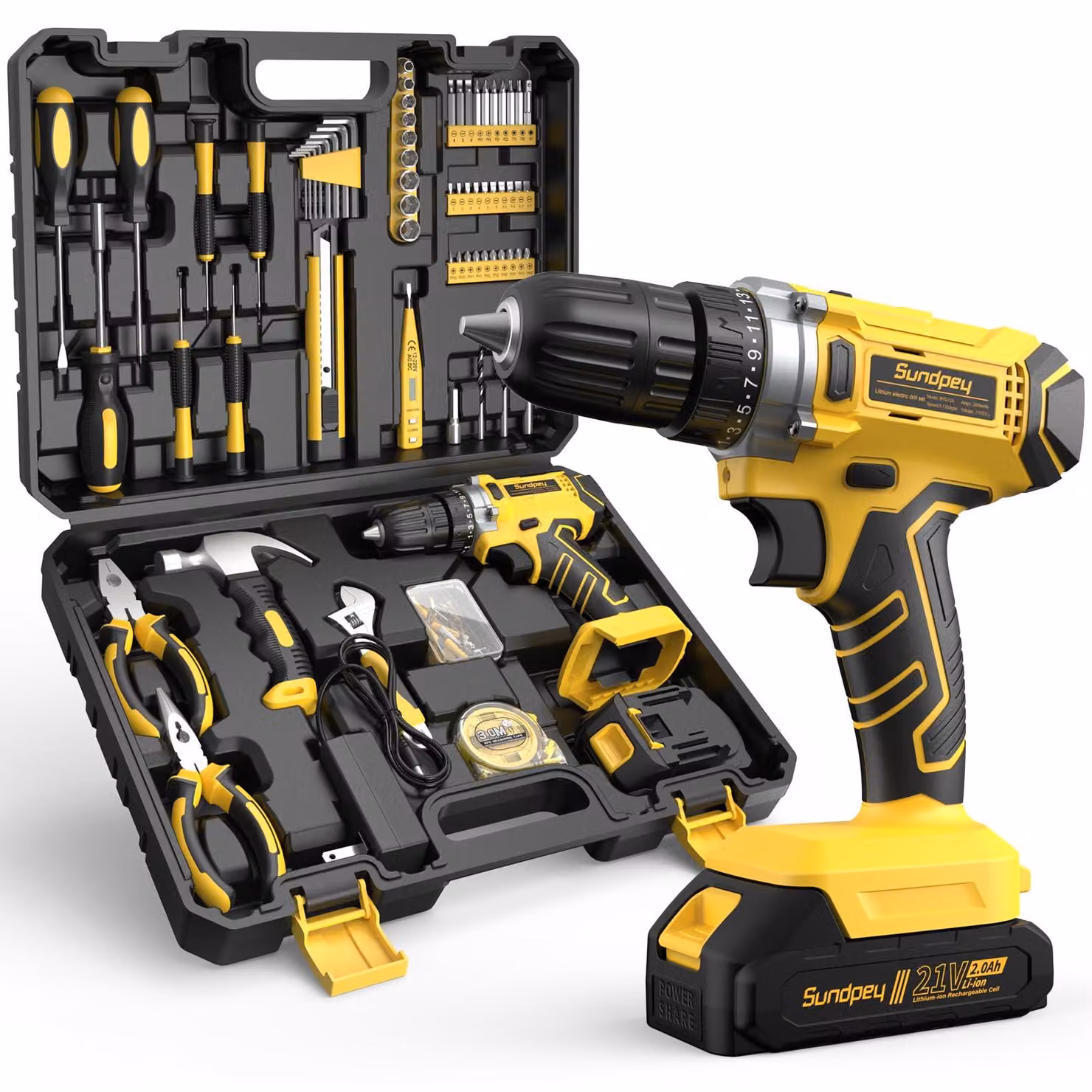Valigetta con trapano avvitatore a batteria da 21V - Set completo da 170 pezzi - Batteria agli ioni di litio - Colore giallo - Adatto per uso domestico e lavori di bricolage