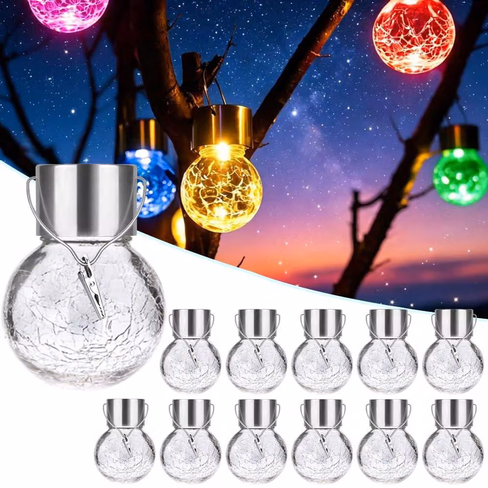 12 luci solari da esterno, sospese, con vetro effetto craquelé, ideali per giardino, cortile o recinzione