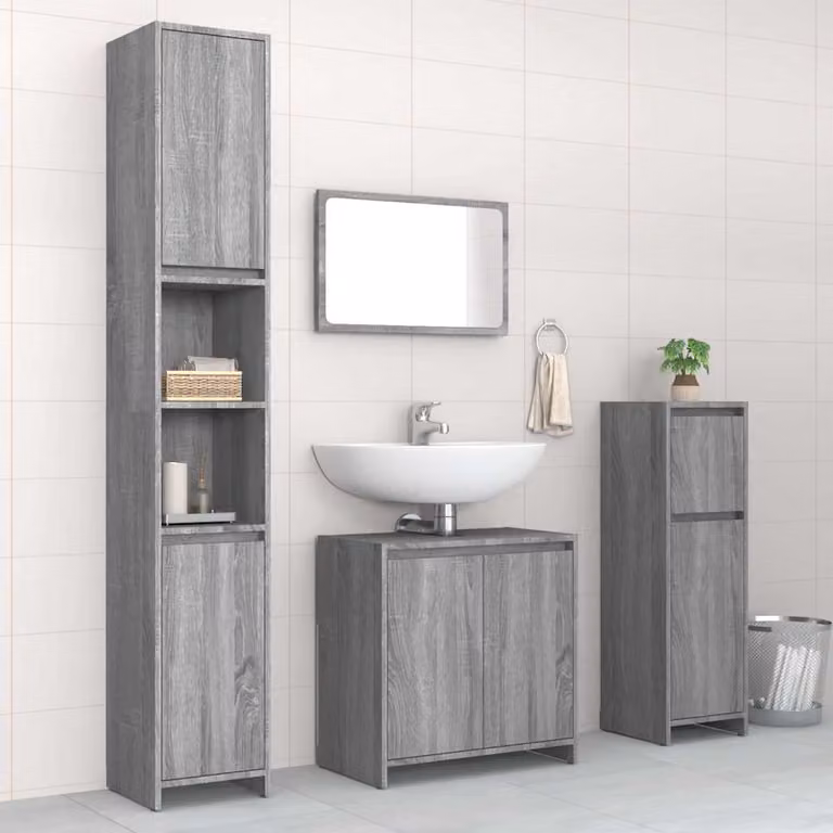 Set di mobili da bagno vidaXL 4 pezzi in legno multistrato grigio con armadietto a specchio, pensile, colonna e mobile sottolavabo