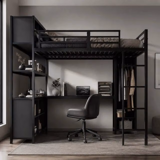 Letto a soppalco 140x200 cm con scrivania; armadio e vani contenitore in metallo e truciolare nero