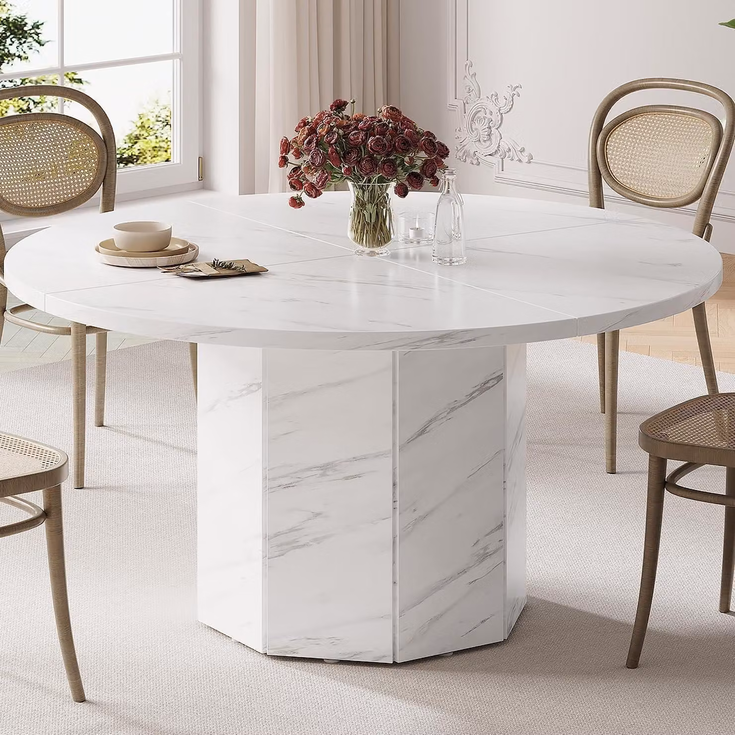 Tavolo da pranzo rotondo, finitura effetto marmo bianco, diametro 120 cm, adatto per 4-6 persone, struttura in metallo, base ottagonale, realizzato in MDF