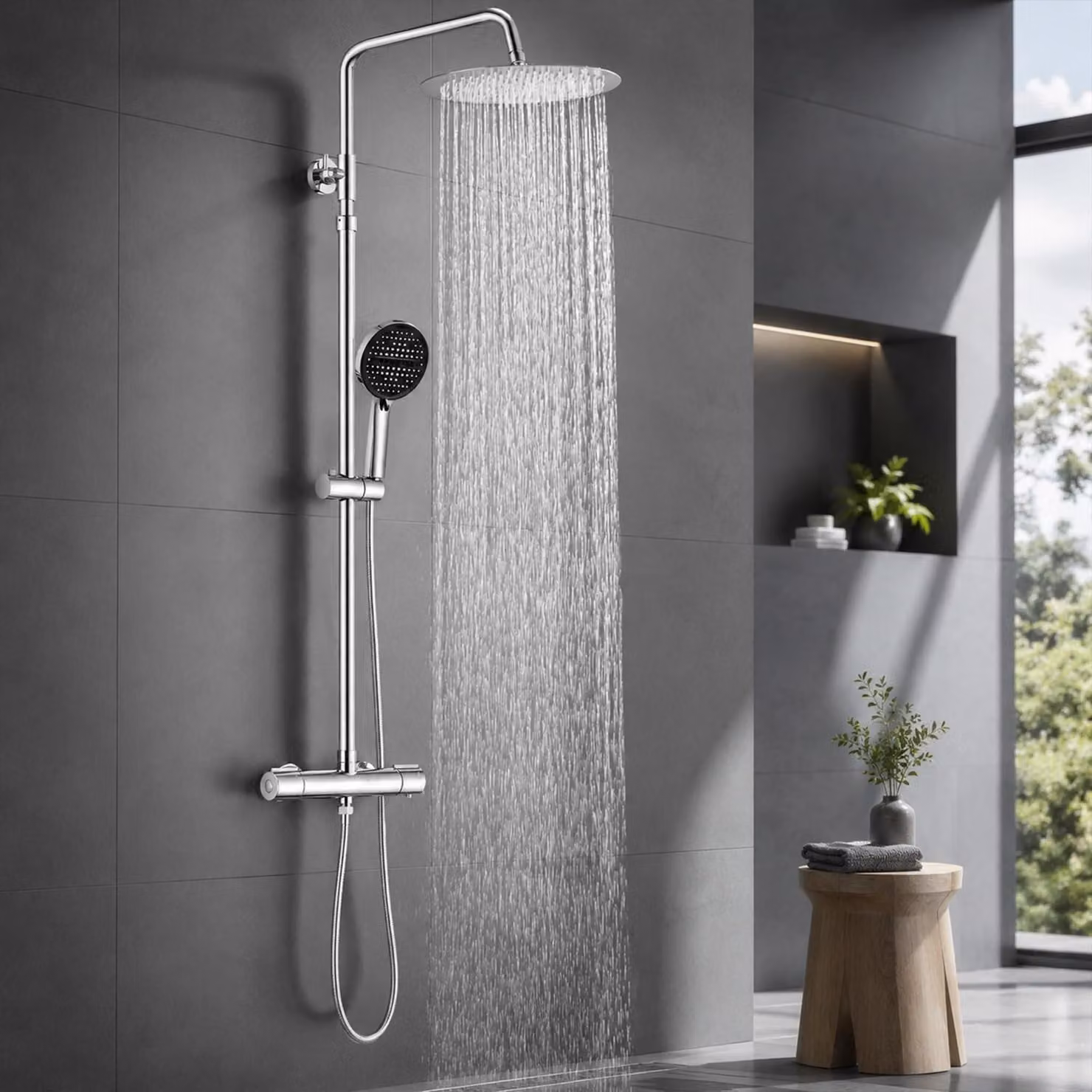 Sistema doccia con termostato, cromato, 300 mm. Include: doccia a pioggia rotonda, diametro 30 cm; soffione manuale con 6 funzioni, regolabile in altezza; corpo in ottone
