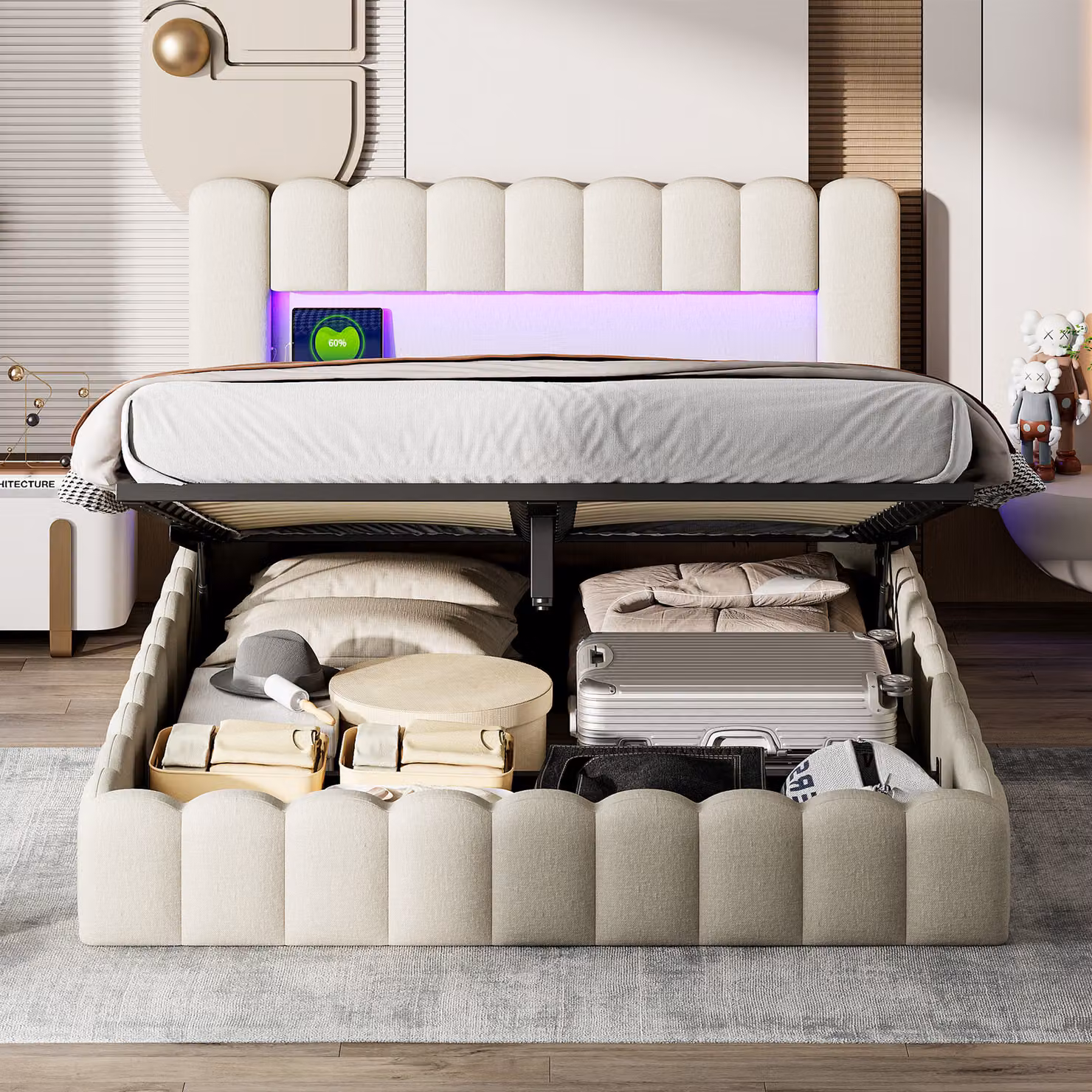 UnboxG Letto imbottito 140x200cm con USB, letto per ragazzi, letto matrimoniale con rete a doghe e contenitore, letto contenitore con LED, lino, beige