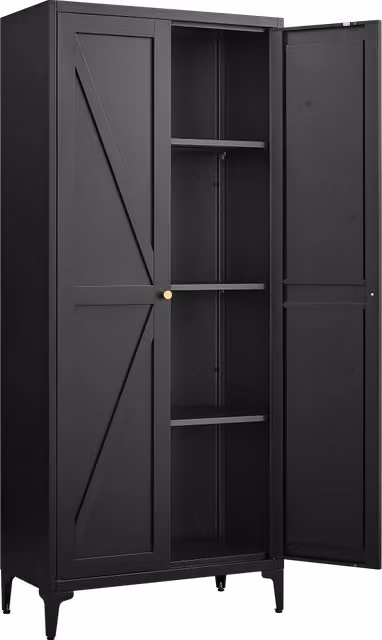 Mobile contenitore moderno in metallo con 2 ante e 4 ripiani regolabili per cucina, soggiorno o ufficio, colore nero e oro