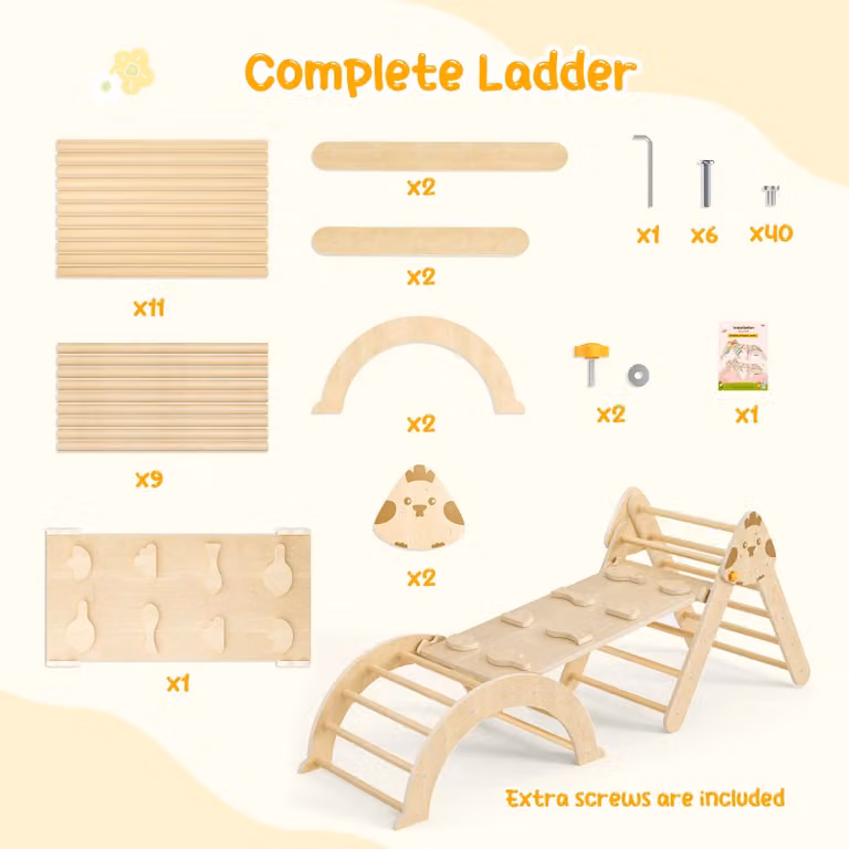 Area giochi per bambini 7-in-1 - Struttura da gioco indoor in legno - Scala a triangolo - Scala ad arco - Pannello per arrampicata e equilibrio - Adatta a bambini piccoli di età inferiore ai 3 anni - Giallo chiaro
