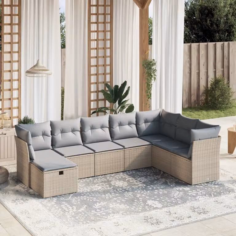 vidaXL Set Divano da Giardino 8 pz a L con Cuscini Beige e Grigio in Polyrattan e Metallo