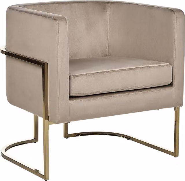 Poltrona Beliani in velluto beige con struttura in metallo dorato lucido stile glamour