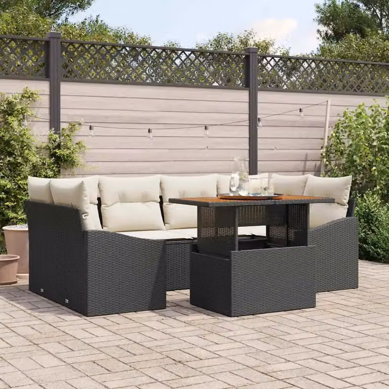 Set da pranzo da giardino vidaXL in rattan e legno di acacia con 7 pezzi, nero e beige