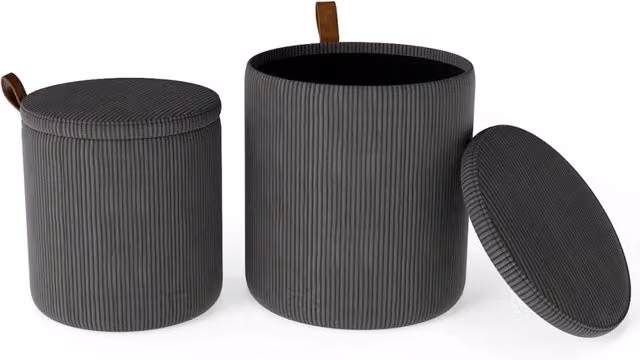 Set di 2 pouf rotondi con contenitore impilabili in velluto a coste Grigio – 1