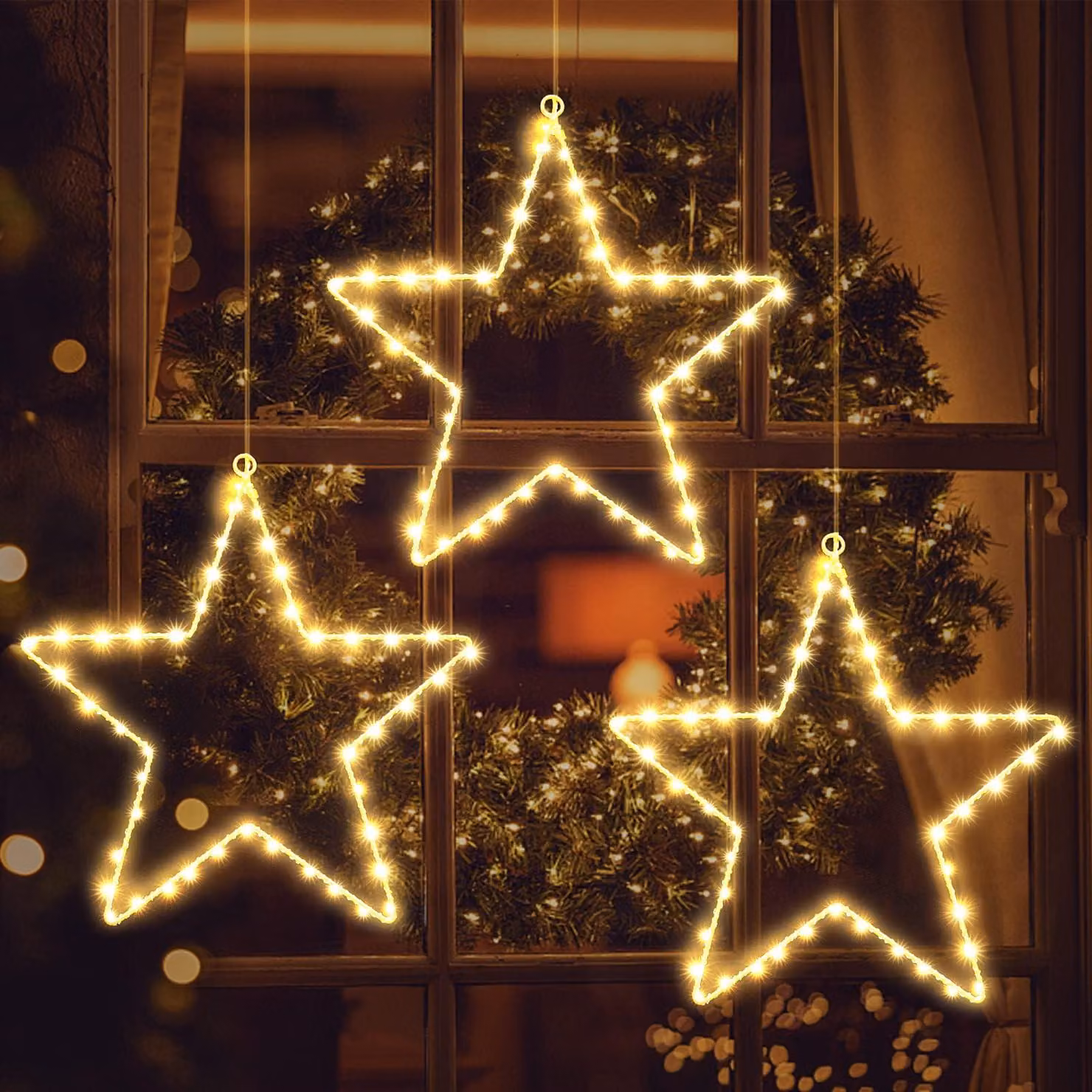 Luci decorative per finestre, 135 LED, luce bianco caldo, 8 modalità, set da 3