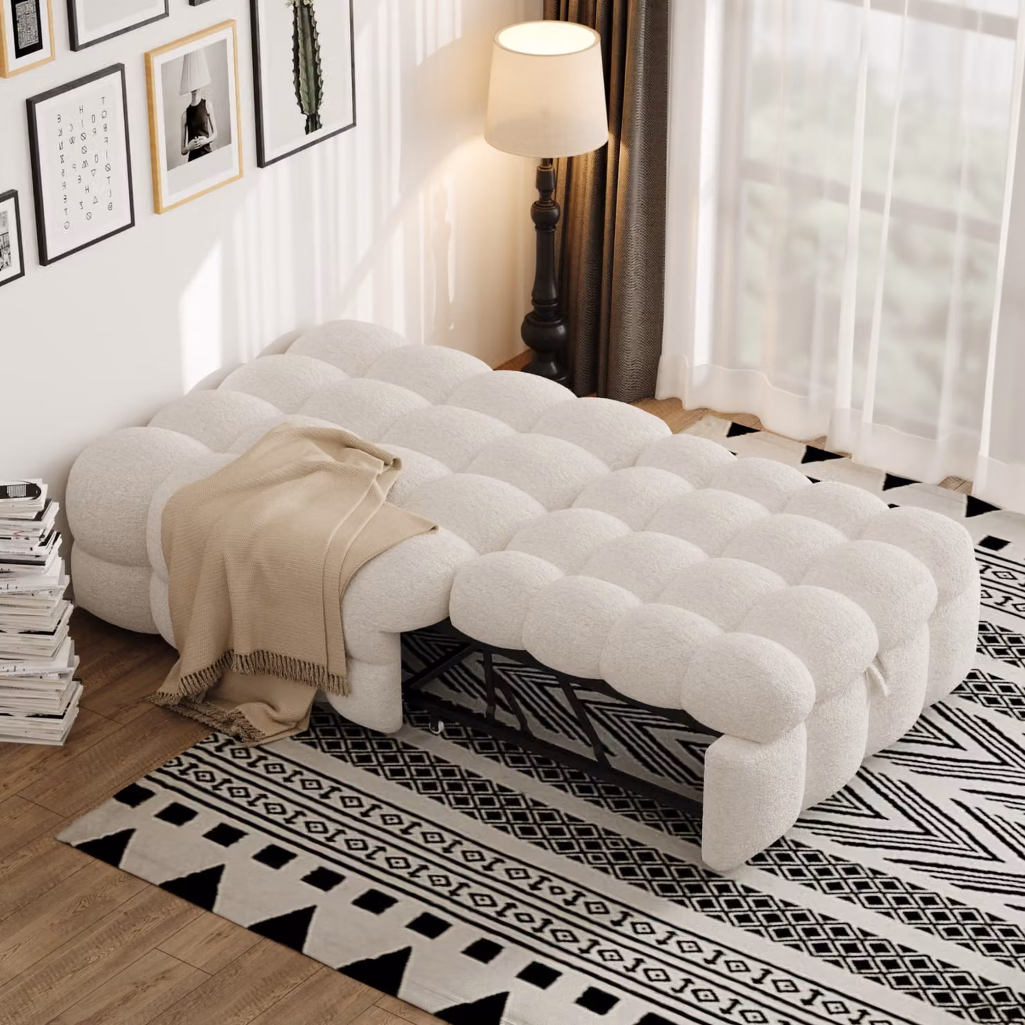 okwish Divano letto, pedana 2in1, con letto estraibile, letto Puffy con struttura in metallo, tessuto teddy, beige