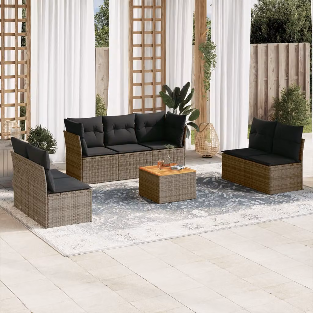 vidaXL Set Divano da Giardino 8 pz in Polyrattan con Cuscini e Tavolino da Esterno Grigio e Marrone – 1