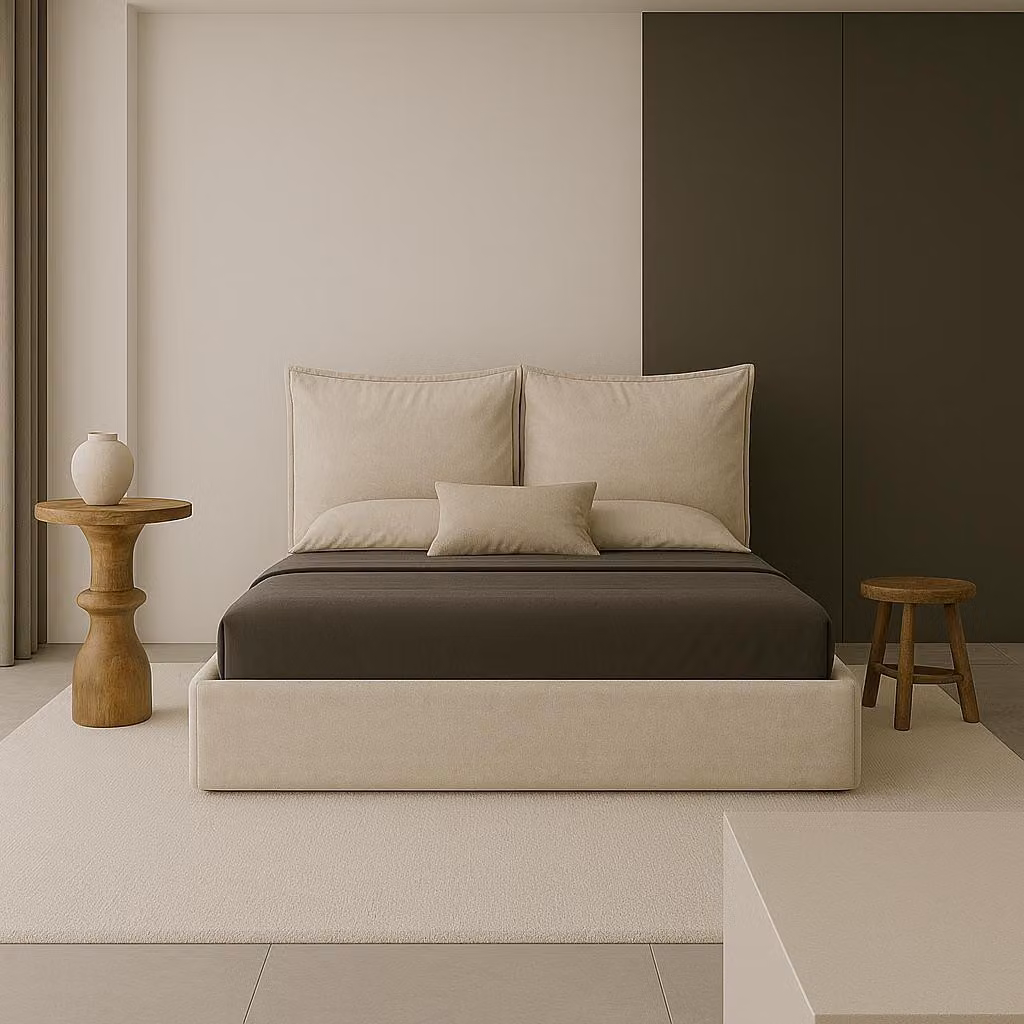 Letto imbottito GUTTO GLAMMY 180x200 con rete a doghe in metallo, tessuto in velluto beige Velvett, con contenitore e spazio portaoggetti