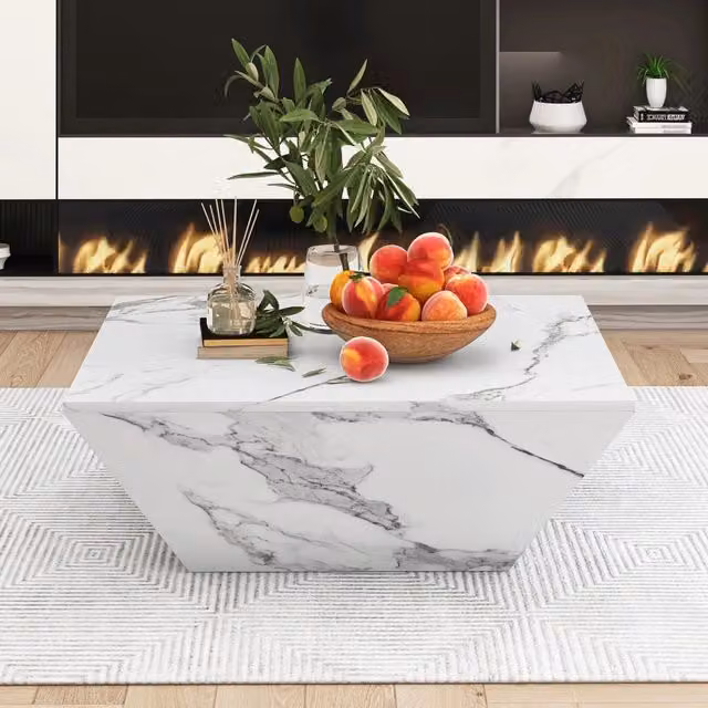 Tavolino da Salotto Moderno a Tamburo, Forma Trapezoidale, Impiallacciatura Marmo Bianco, 70x70x37 cm