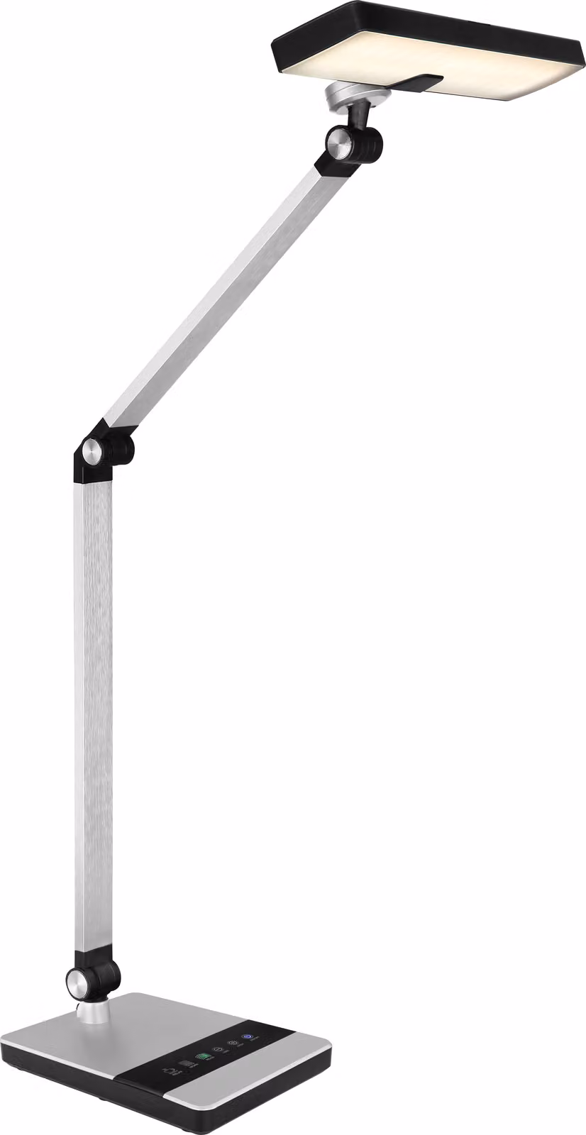 Lampada da tavolo Globo Lighting, corpo in plastica nera, dettagli in alluminio spazzolato argento e plastica satinata. Accensione/spegnimento tramite touch, dimmerabile, con dimmer touch a regolazione continua. Possibilità di fissare i colori. Orientabil