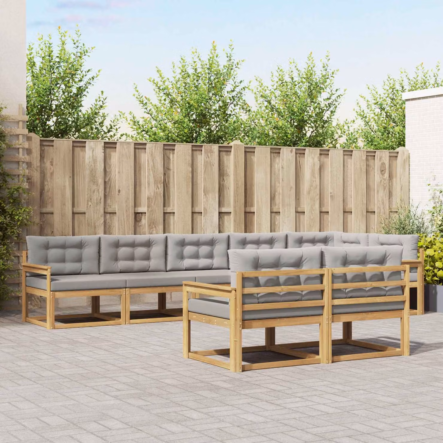 Set di divani da esterno a L vidaXL in legno di acacia con cuscini, Bianco, Grigio e Marrone