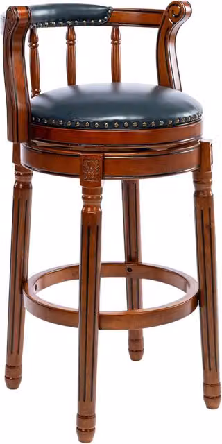 Sgabello da Bar in Legno Bianco Avorio con Seduta in Pelle Bovino, Girevole a 360° con Schienale, Altezza Bancone 75 cm per Cucina e Sala da Pranzo
